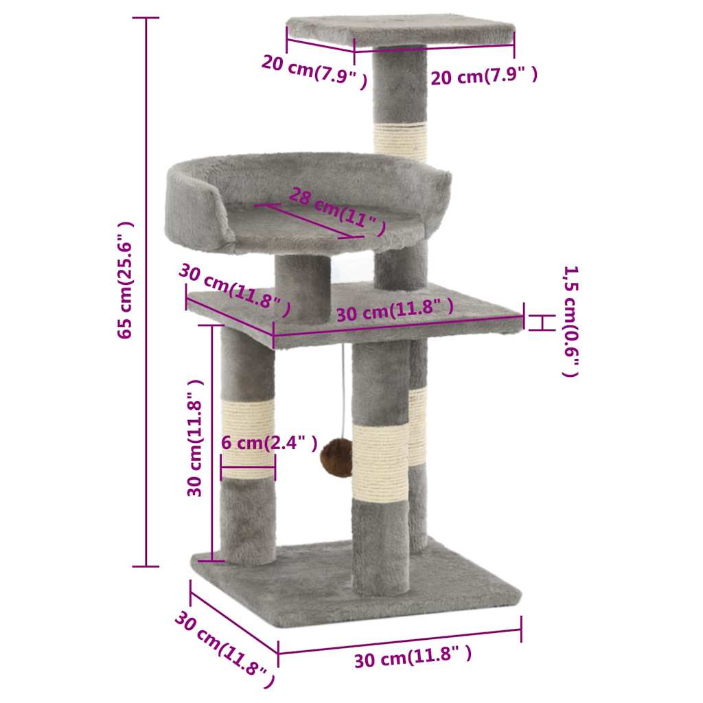 kradsetræ til katte med sisal-kradsestolper 65 cm grå