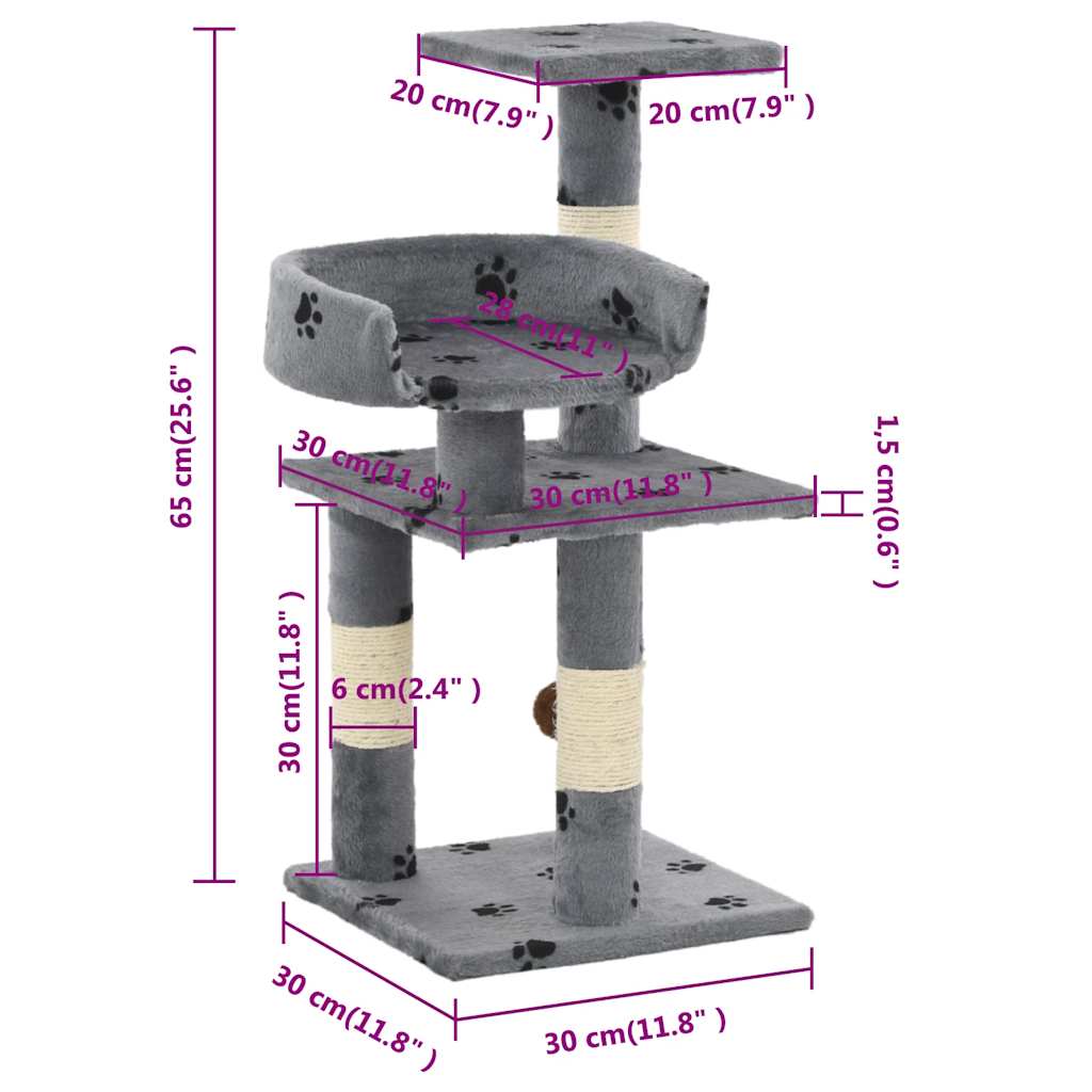 kradsetræ med sisal-kradsestolper til katte 65 cm poteprint grå