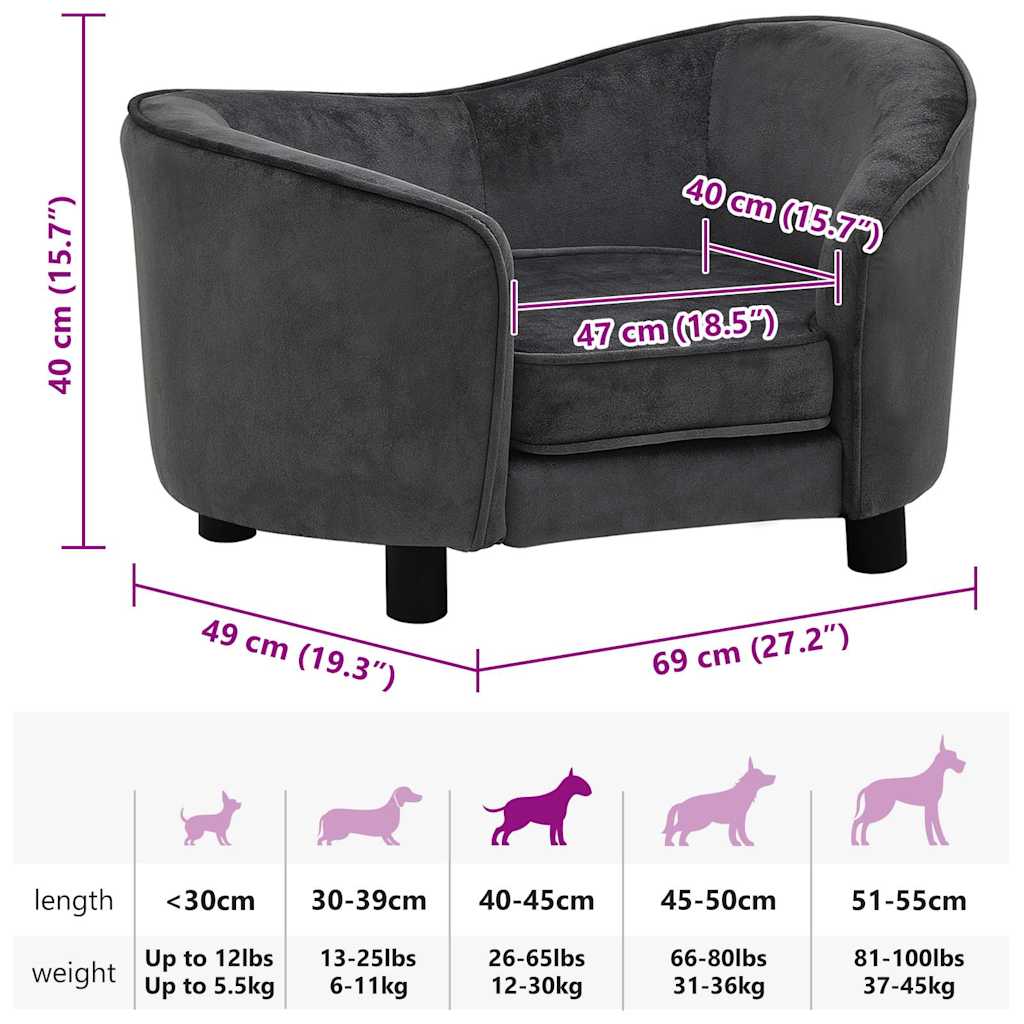 hundesofa 69x49x40 cm plys mørkegrå
