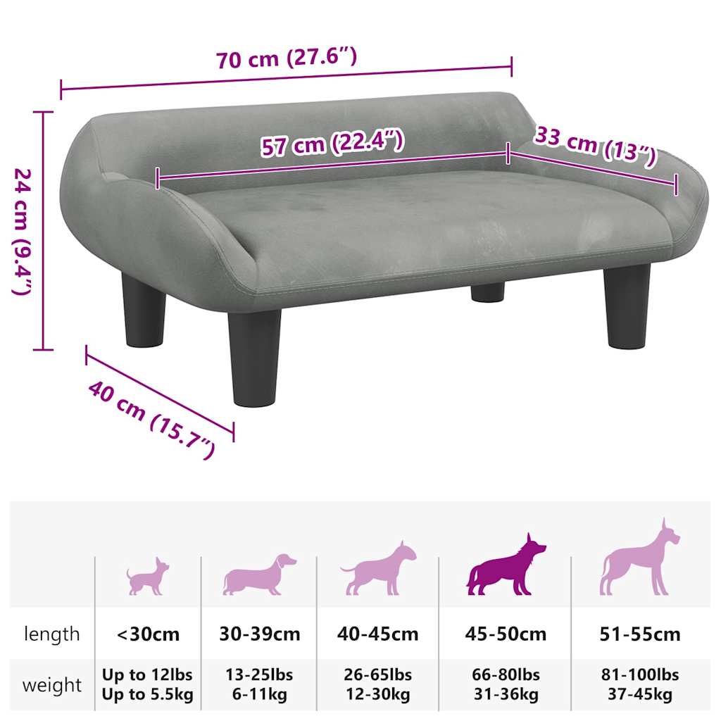 hundeseng 70x40x24 cm velour lysegrå