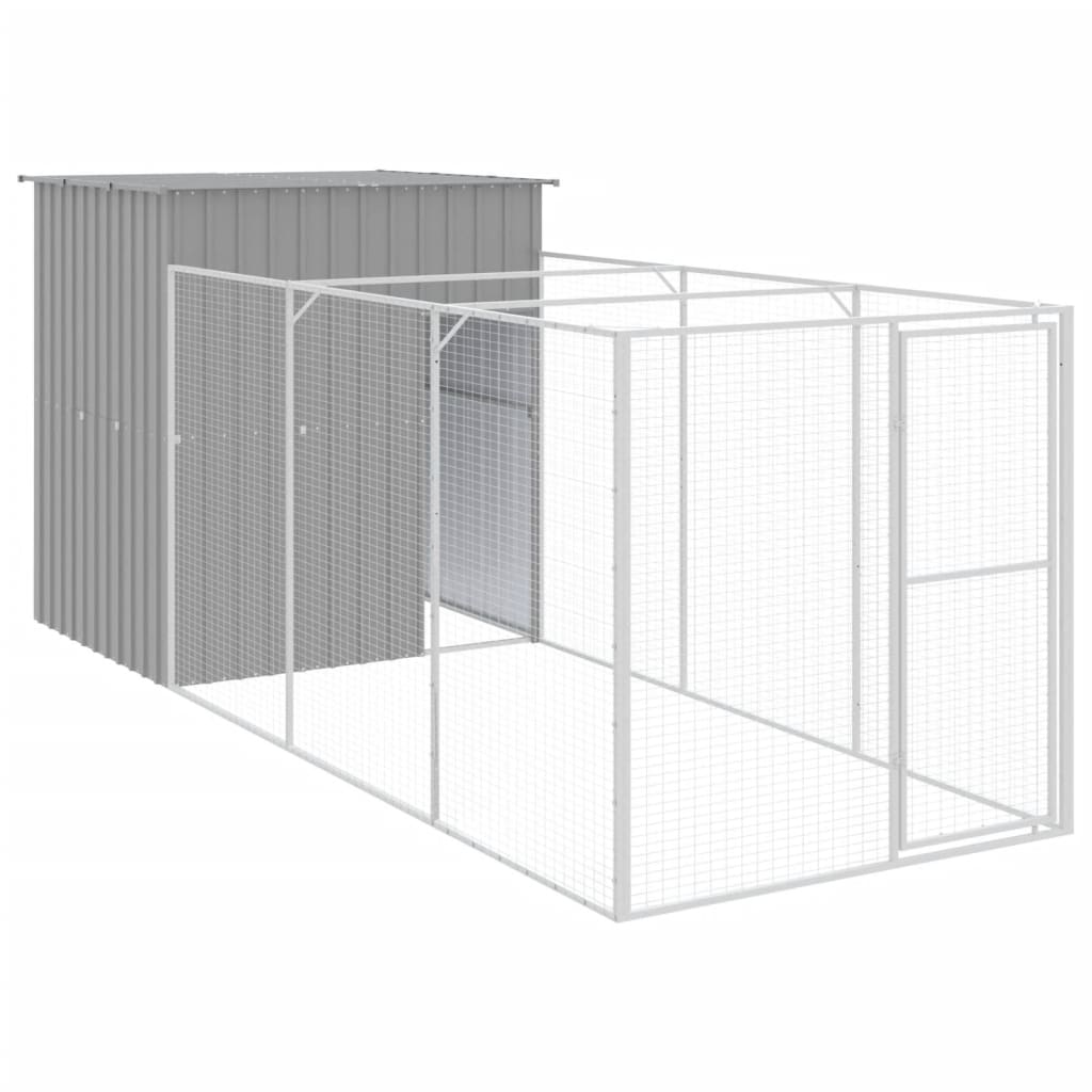 hundehus med løbegård 165x455x181 cm galvaniseret stål lysegrå