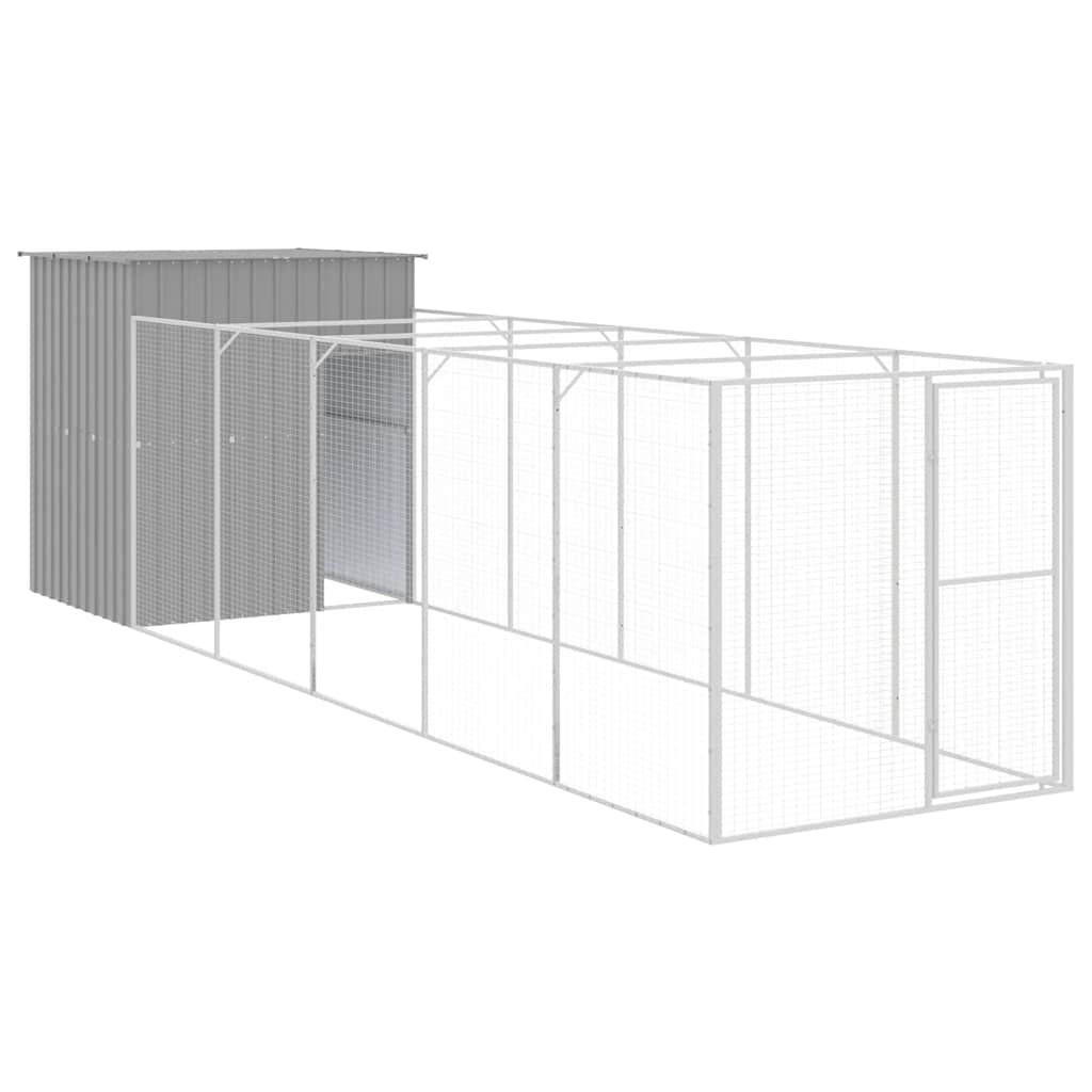 hundehus med løbegård 165x659x181 cm galvaniseret stål lysegrå