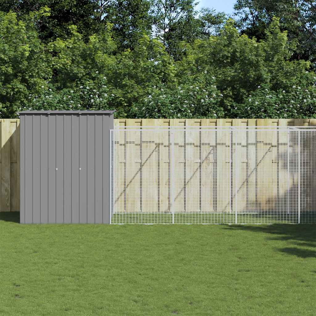hundehus med løbegård 165x659x181 cm galvaniseret stål lysegrå