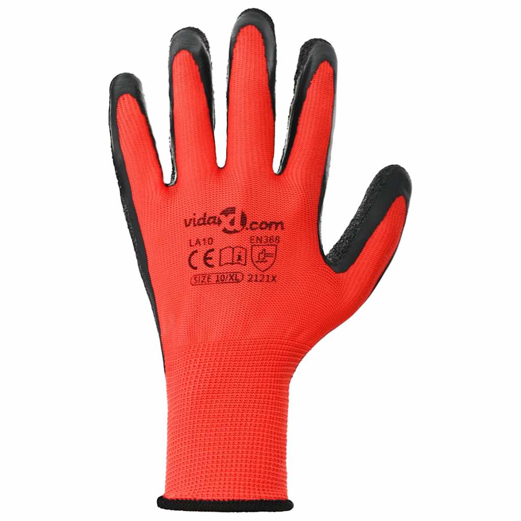 Arbejds handsker 12 stk. Rød og Sort 10 / xl Latexbelægning