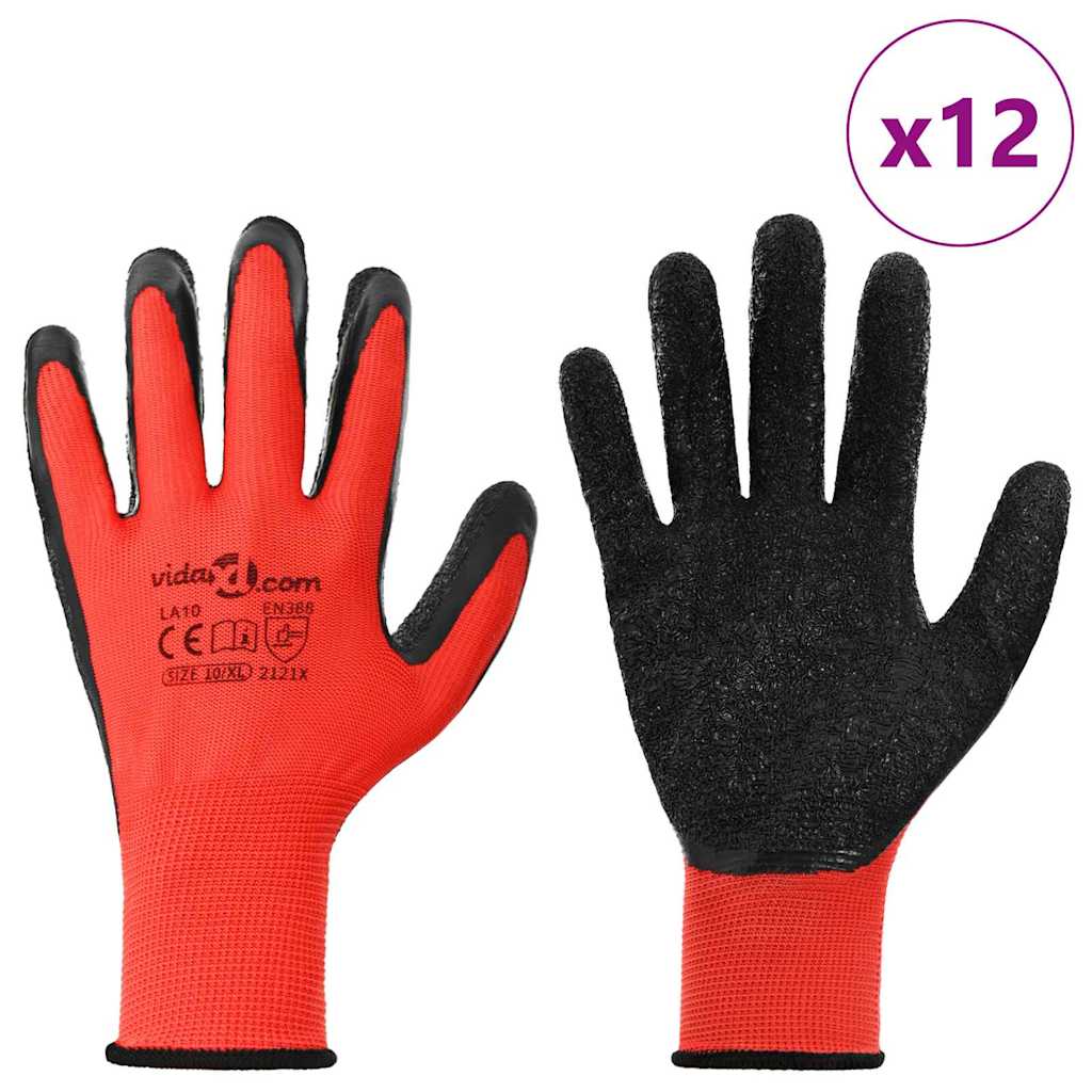 Arbejds handsker 12 stk. Rød og Sort 10 / xl Latexbelægning