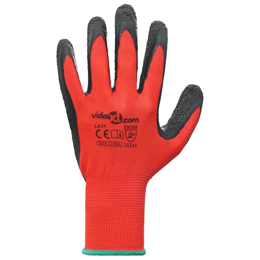 Arbejds handsker 12 stk. Rød og Sort 11 / XXL Latexbelægning